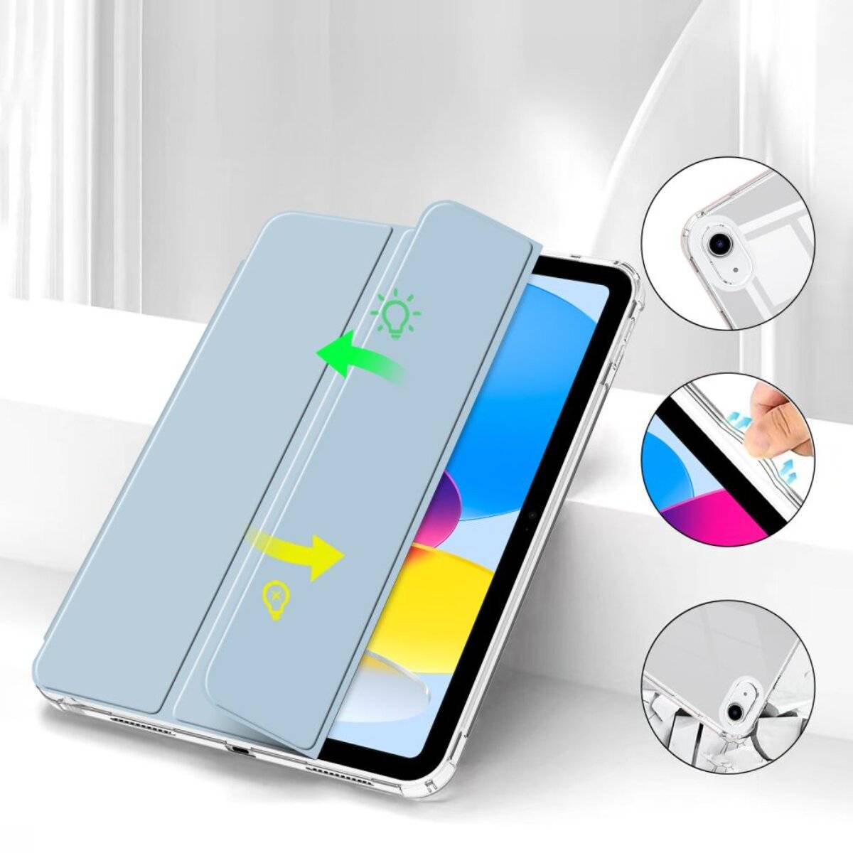 Tablet mit intelligenter Schutzhülle, die zwei Betrachtungswinkel für Sonnenlicht und Schatten zeigt. Einschübe zeigen den Zugriff auf Tasten und Kamera.