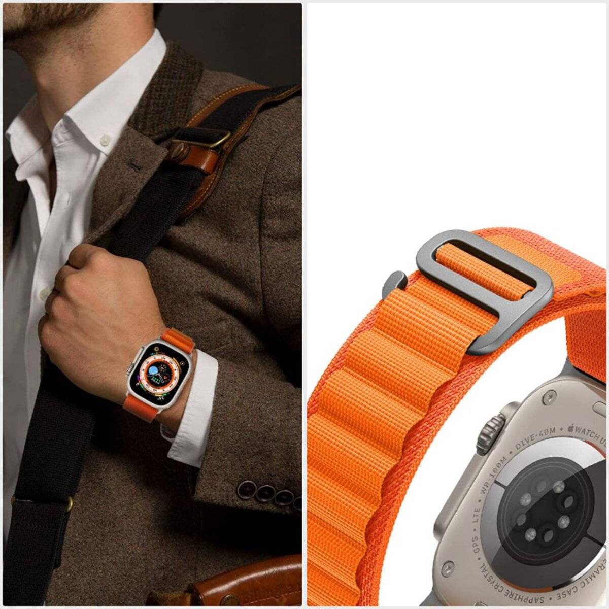 Auf der linken Seite trägt eine Person in einem braunen Blazer eine Armbanduhr mit einem orangefarbenen Band. Auf der rechten Seite eine Nahaufnahme des orangefarbenen Uhrbands und der Schließe.