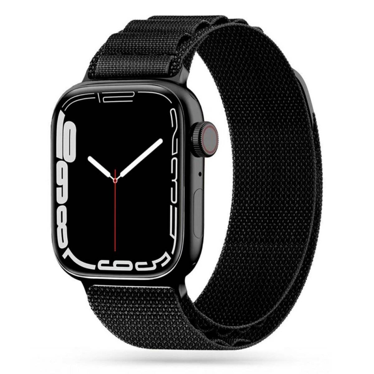 Schwarze Smartwatch mit breitem Display, rote und weiße Zeiger zeigen die Zeit an, auf einem schwarzen Schlaufenarmband. Minimalistisches Design mit Betonung auf moderner Ästhetik.