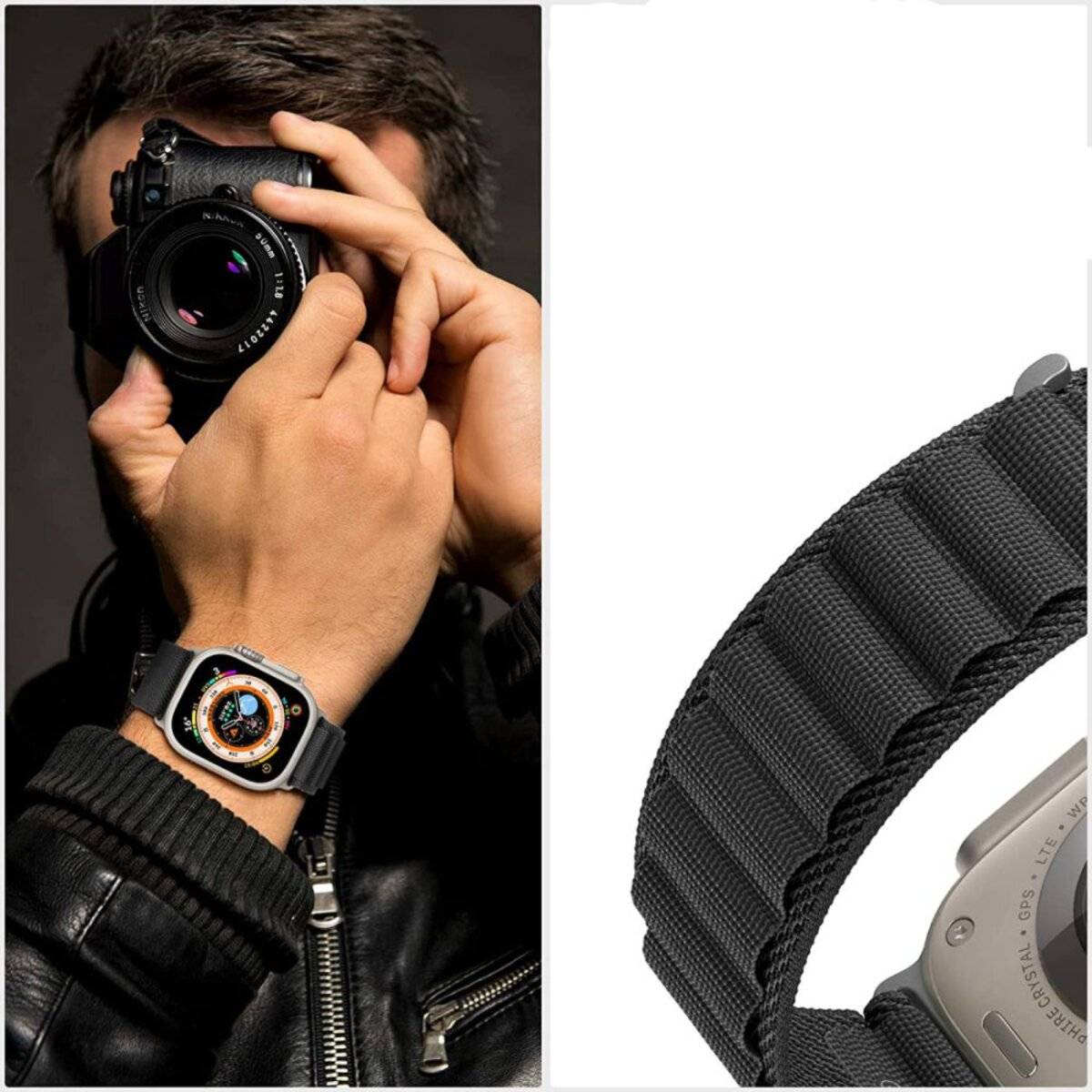 Eine Person, die eine Kamera hält, mit einer Nahaufnahme einer Uhr an ihrem Handgelenk; die Uhr hat eine digitale Schnittstelle mit farbenfrohen Details.
