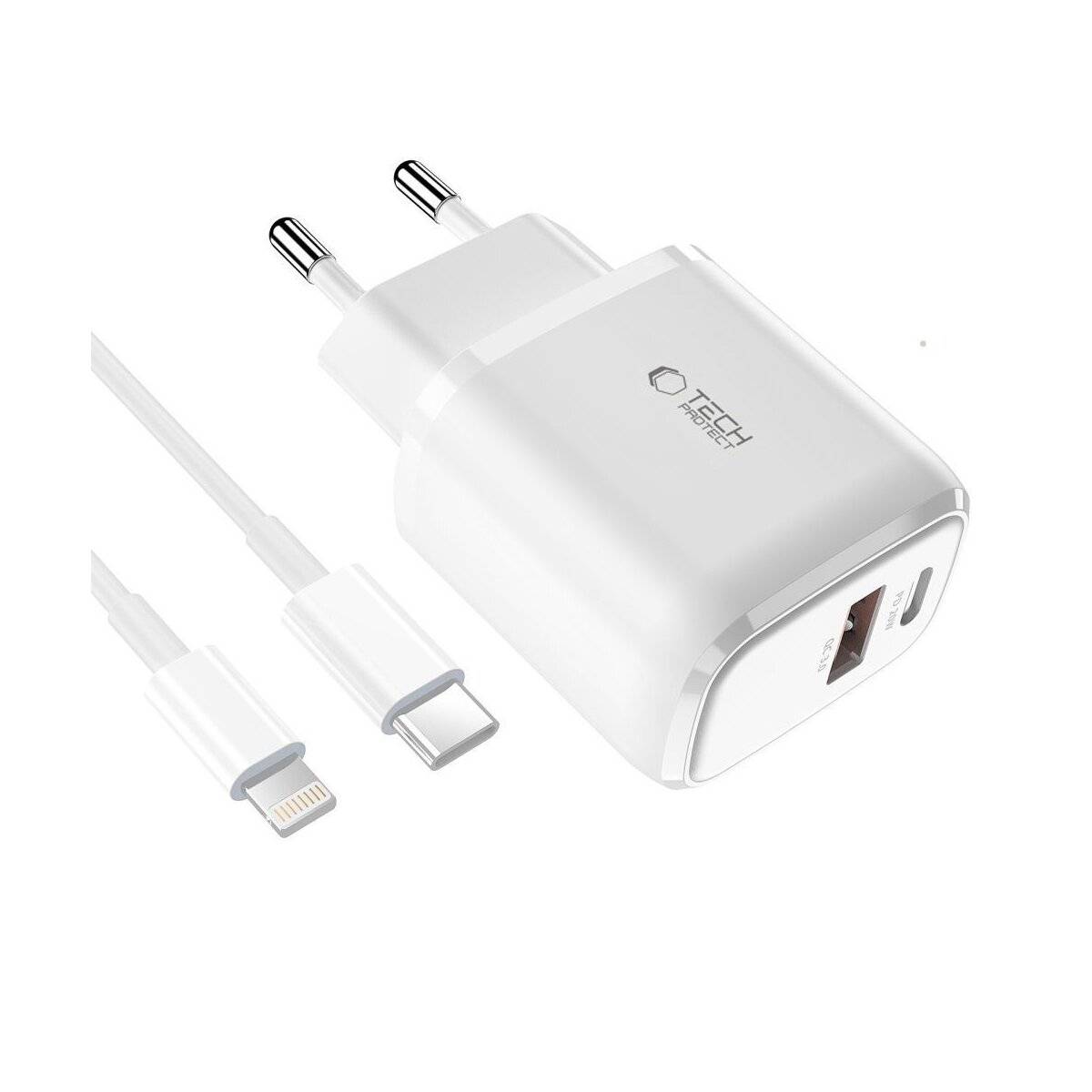 Tech-Protect C20W USB-C PD 20W / USB-A QC 3.0 Netzwerkladegerät Lightning Kabel – Weiß