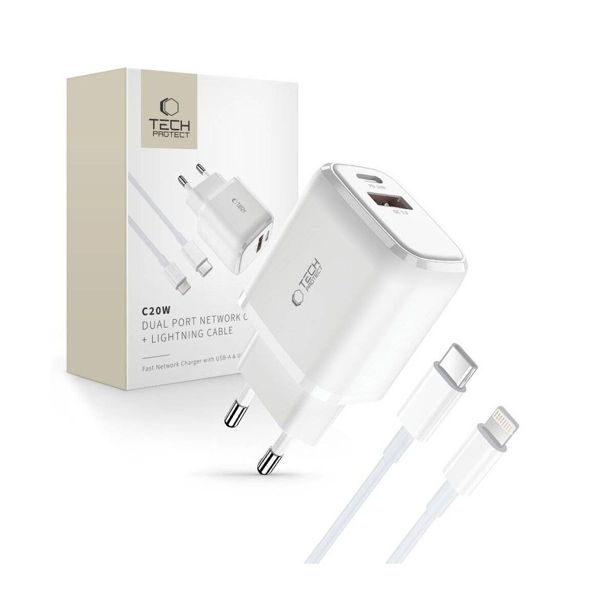 Tech-Protect C20W USB-C PD 20W / USB-A QC 3.0 Netzwerkladegerät Lightning Kabel – Weiß