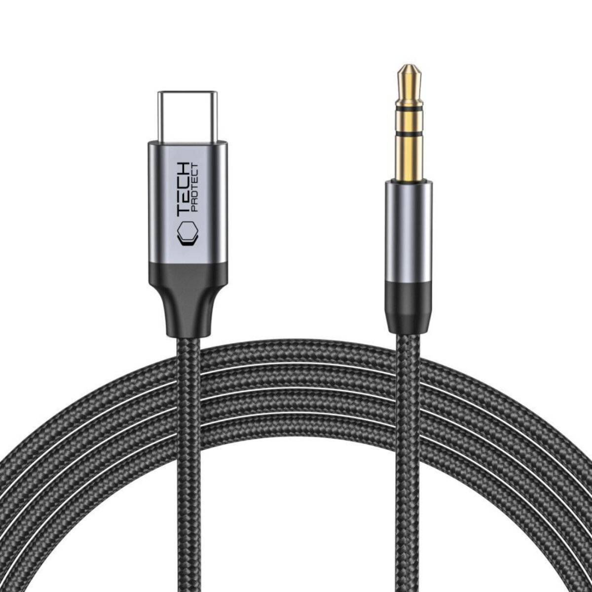 Ein geflochtenes Kabel mit einem USB-C-Anschluss auf der einen und einem 3,5-mm-Klinkenanschluss auf der anderen Seite, beschriftet mit 'Tech Project'.