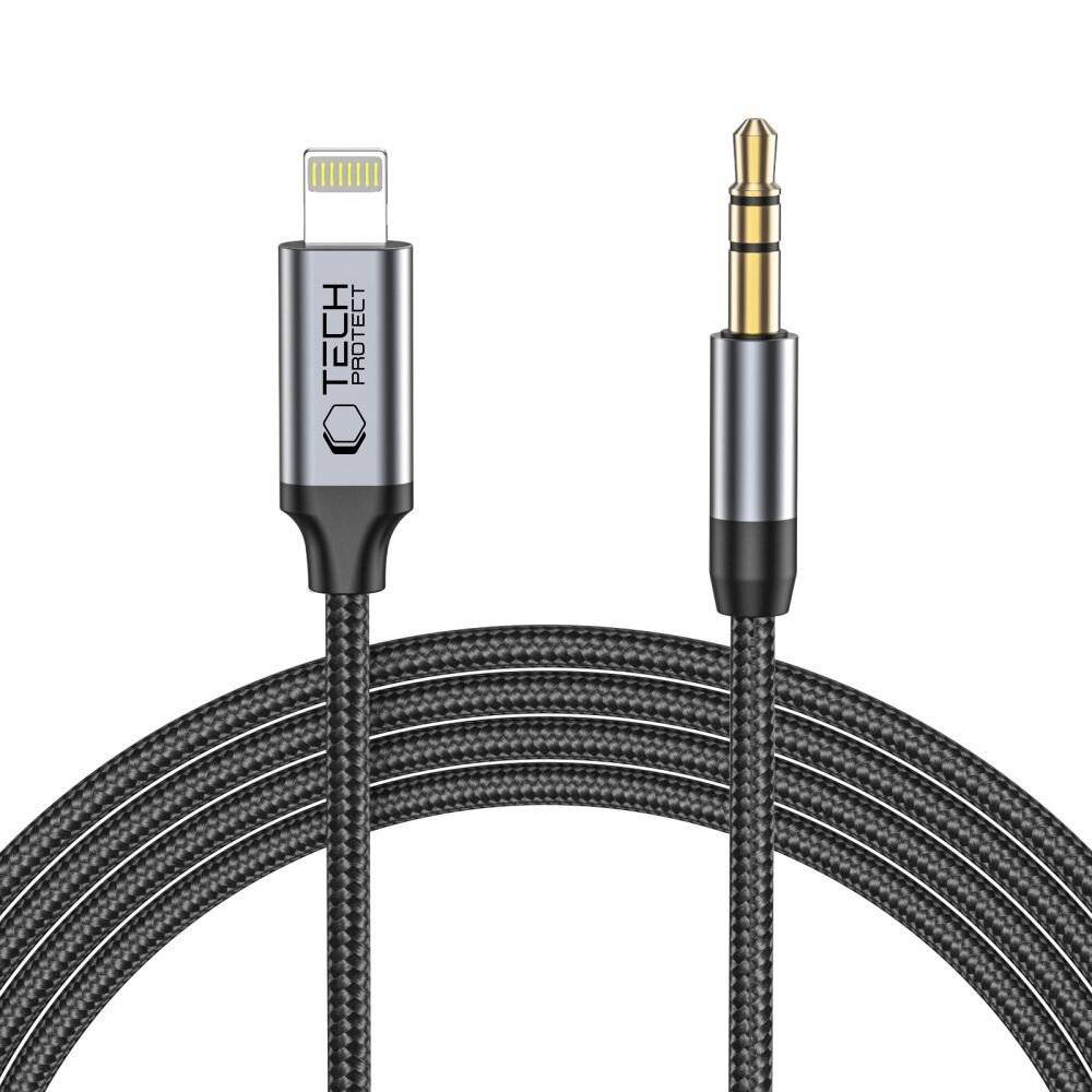 Ein geflochtenes Kabel mit einem Lightning-Anschluss an einem Ende und einer 3,5-mm-Audiobuchse am anderen Ende, entwickelt zum Verbinden von Geräten.