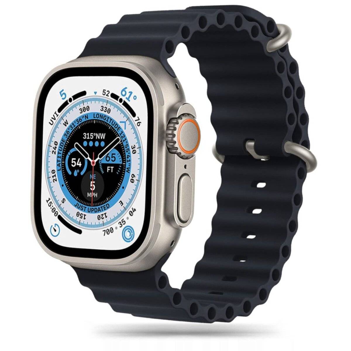 Eine Smartwatch mit einem blau-schwarzen Armband, auf dessen Display ein Komppass zu sehen ist, der Koordinaten, Höhe und Richtung in einem detaillierten Design zeigt.