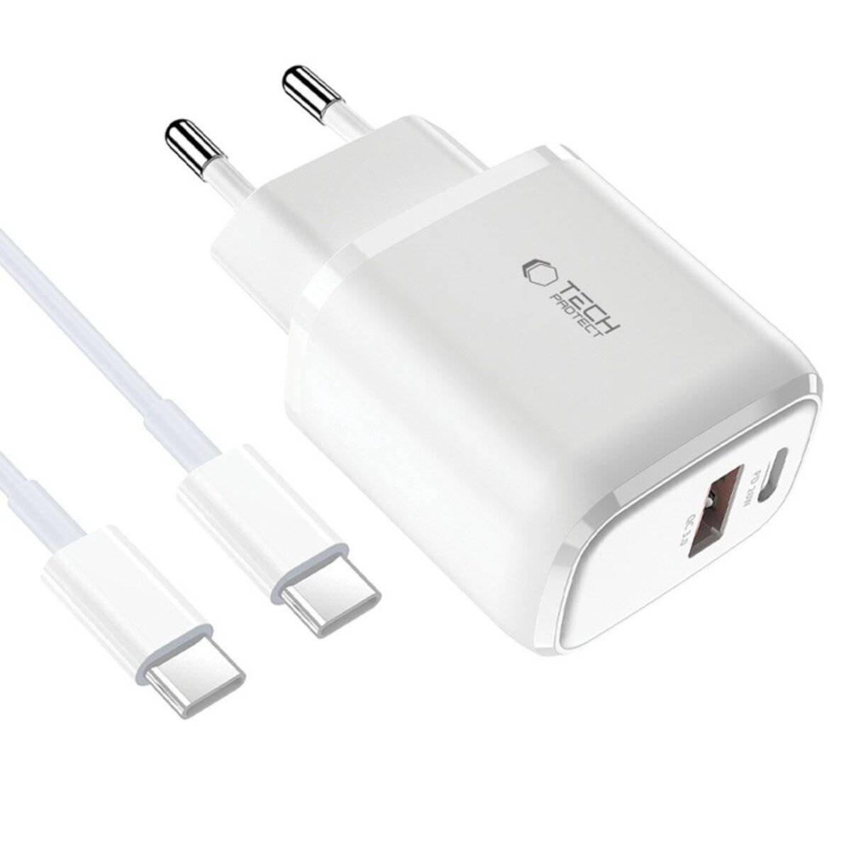 Tech-Protect C20W USB-C PD 20W / USB-A QC 3.0 Netzwerkladegerät USB-C-Kabel – Weiß
