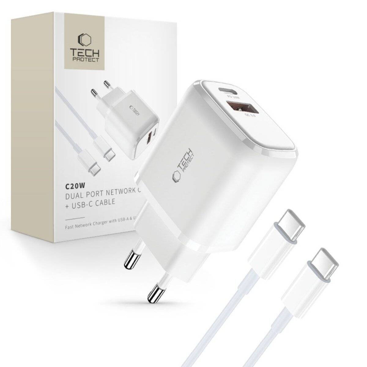 Tech-Protect C20W USB-C PD 20W / USB-A QC 3.0 Netzwerkladegerät USB-C-Kabel – Weiß