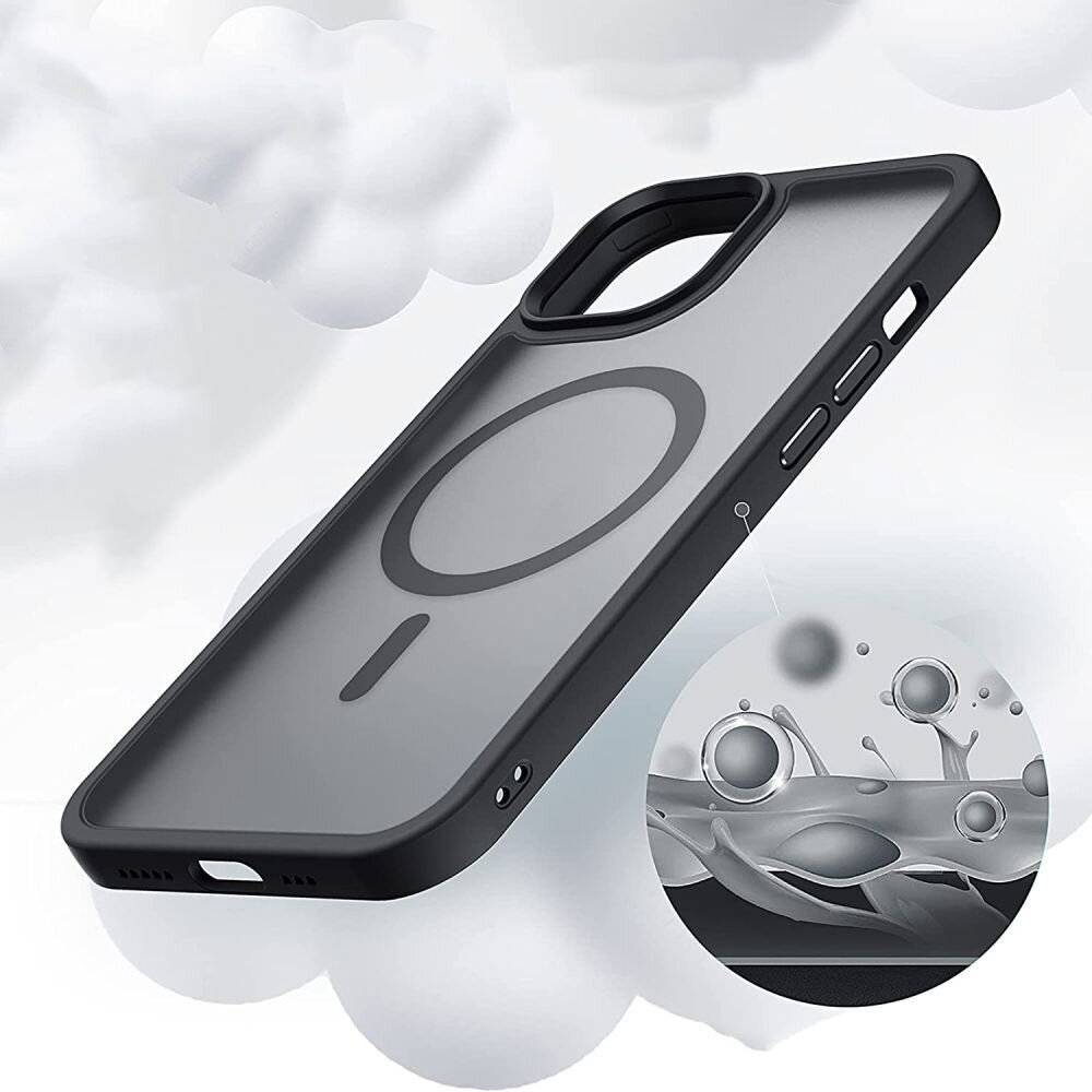 Ein halb durchsichtiges Handygehäuse mit einem kreisförmigen Design auf der Rückseite, umgeben von abstrakten Wolken und einem kleinen Inseratbild, das Wassertropfen zeigt.