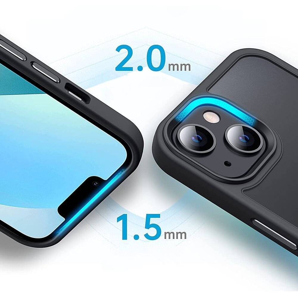 Handyhülle mit Kantenschutz und Maßangaben: Displaykante ist 2,0 mm, Kamerakante ist 1,5 mm, wobei die Schutzfunktionen hervorgehoben werden.