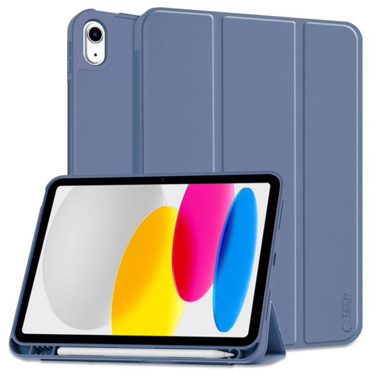 Ein blaues Tablet-Etui hält ein offenes Tablet mit farbenfrohen abstrakten Formen. Ein weiteres Etui wird geschlossen gezeigt und hebt die Schutzfunktionen hervor.
