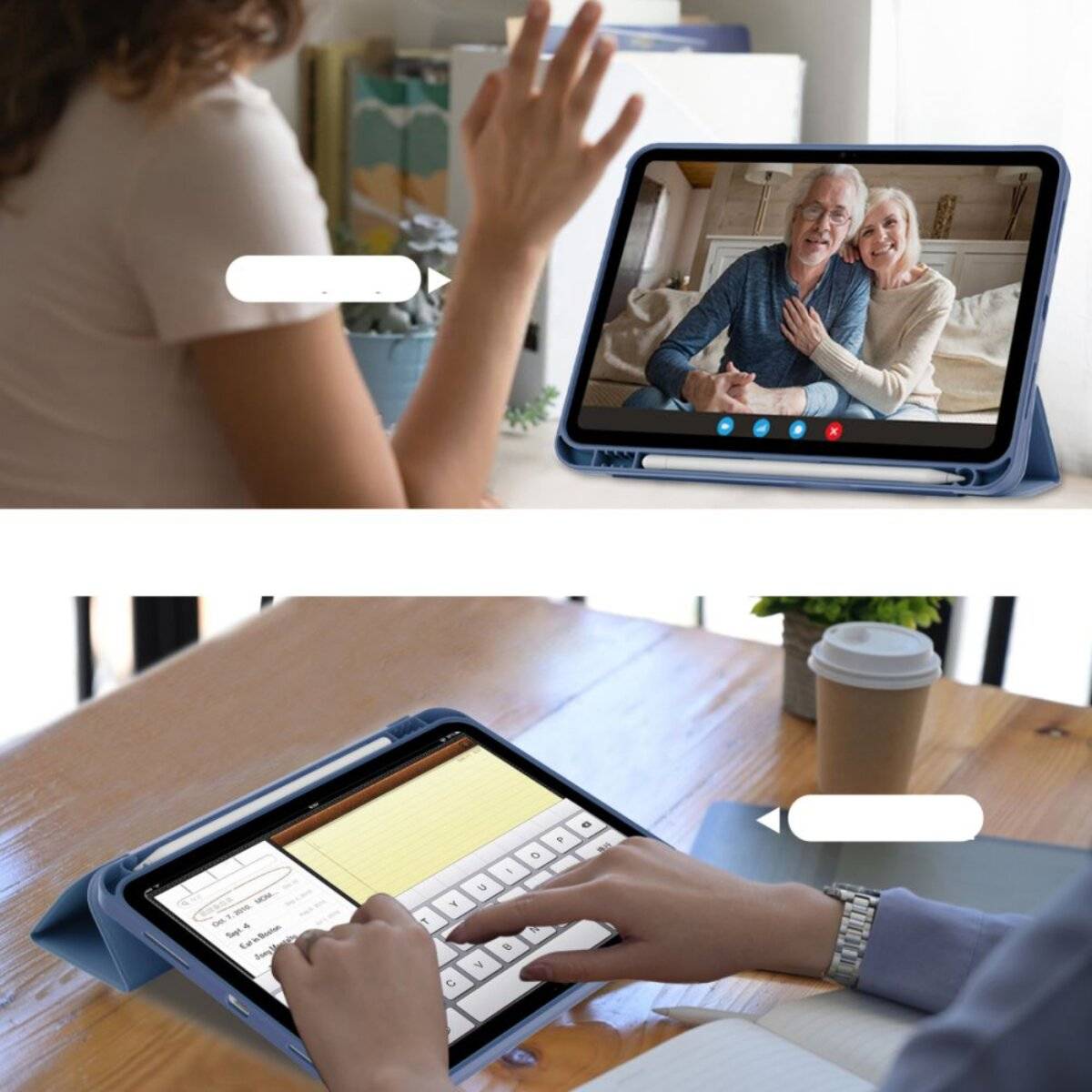 Zwei Bilder: 1) Eine Person führt einen Videoanruf mit einem fröhlichen älteren Paar auf einem Tablet. 2) Eine Hand tippt auf einer Notiz-App eines Tablets, eine Kaffeetasse in der Nähe.