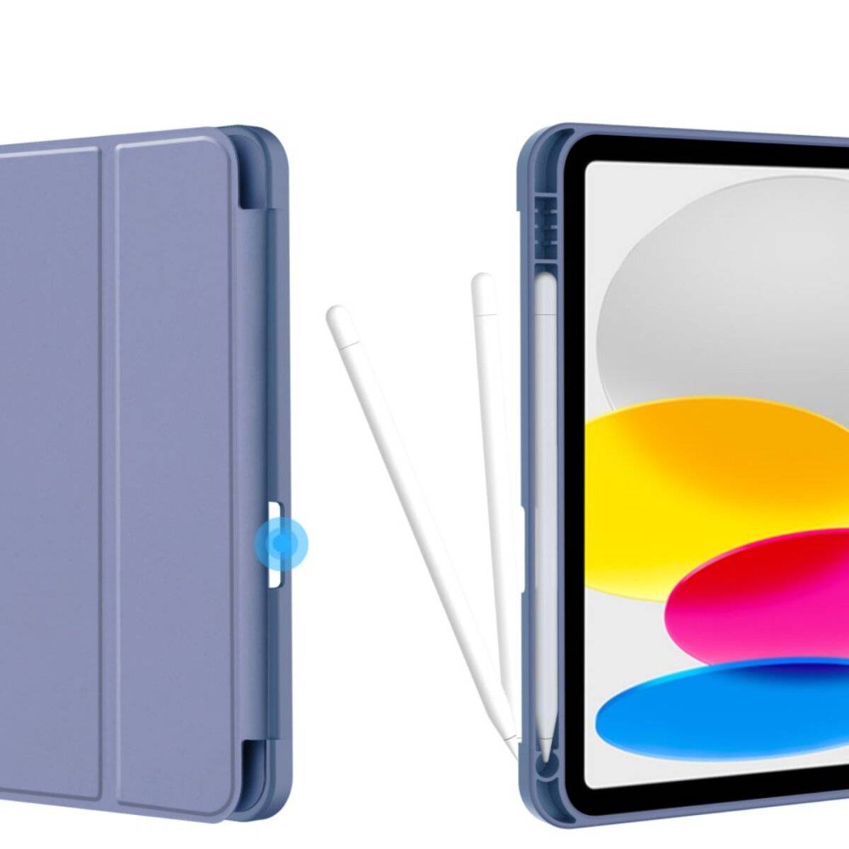 Ein Tablet mit einem farbenfrohen Bildschirm wird mit einem Stylus gezeigt, und eine blaue Schutzhülle ist daneben teilweise geöffnet.