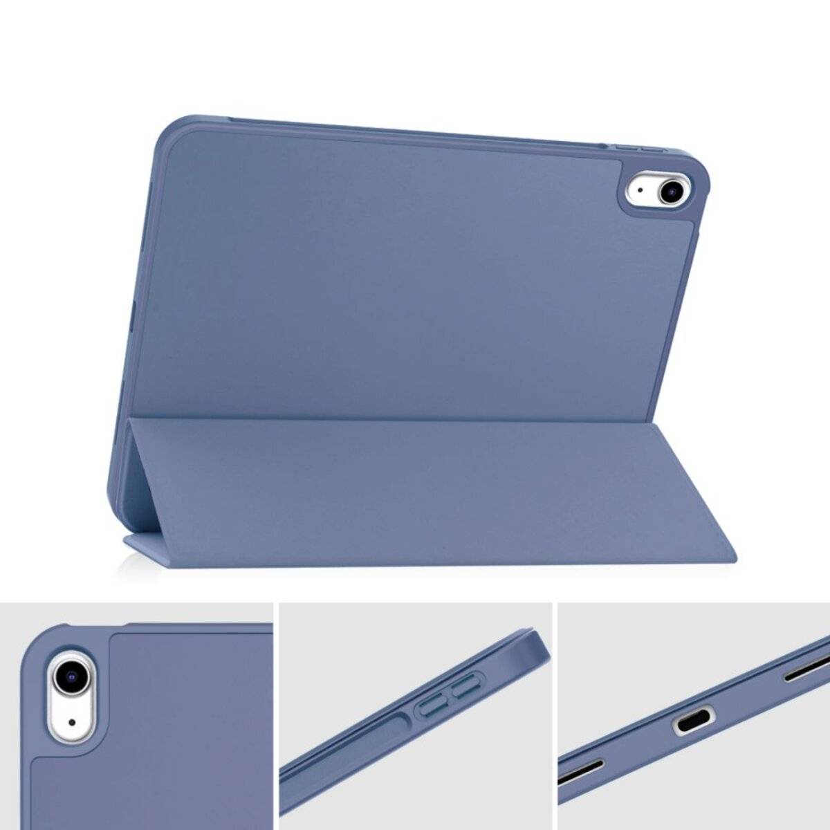 Ein blaues Tablet-Etui in aufrechter Position. Nahaufnahmen zeigen die Kameraaussparung, die Lautstärkeregler und den Zugang zum Ladeanschluss.