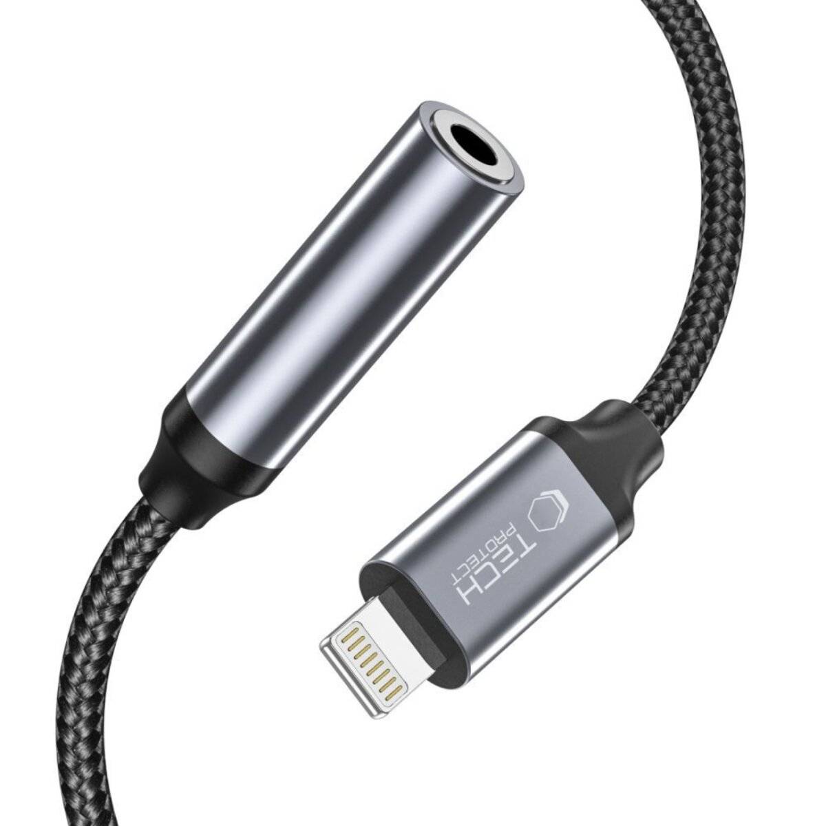 Ein geflochtenes Audio-Adapter mit einem Lightning-Anschluss und einem 3,5-mm-Kopfhöreranschluss an jedem Ende, gekennzeichnet als 