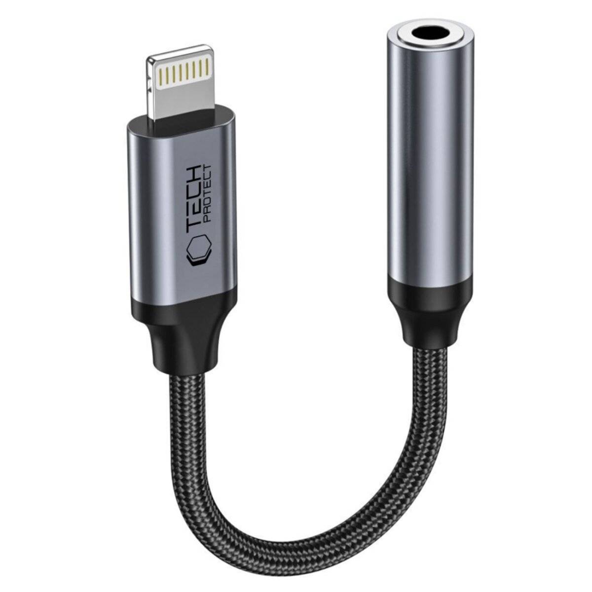 Schwarzer und silberner Audio-Adapter mit Lightning-Anschluss und 3,5-mm-Kopfhörerbuchse, der zum Anschließen von Kopfhörern an Geräte verwendet wird.