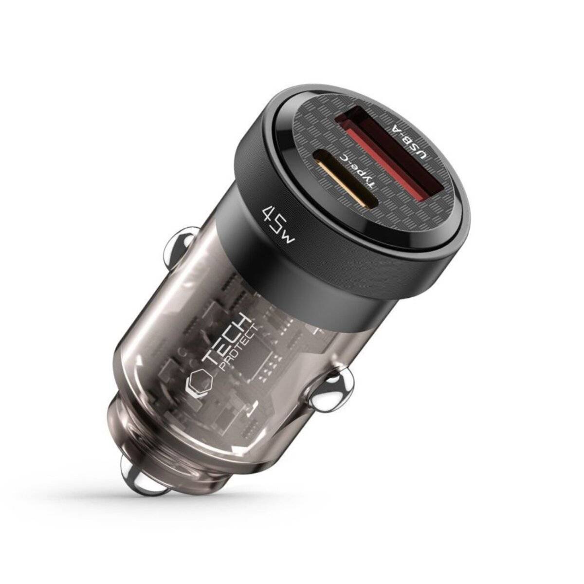 Ein schwarzes Auto-Ladegerät mit einem USB- und einem USB-C-Anschluss mit der Bezeichnung „45W