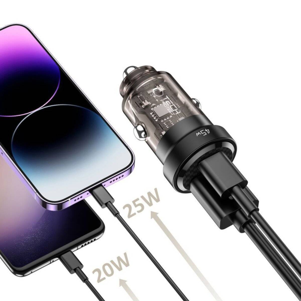 Smartphones verbunden mit einem Dual-Port-Ladegerät: 20W und 25W Anschlüsse. Das transparente Design offenbart interne Komponenten und zeigt die Leistungsabgabe.