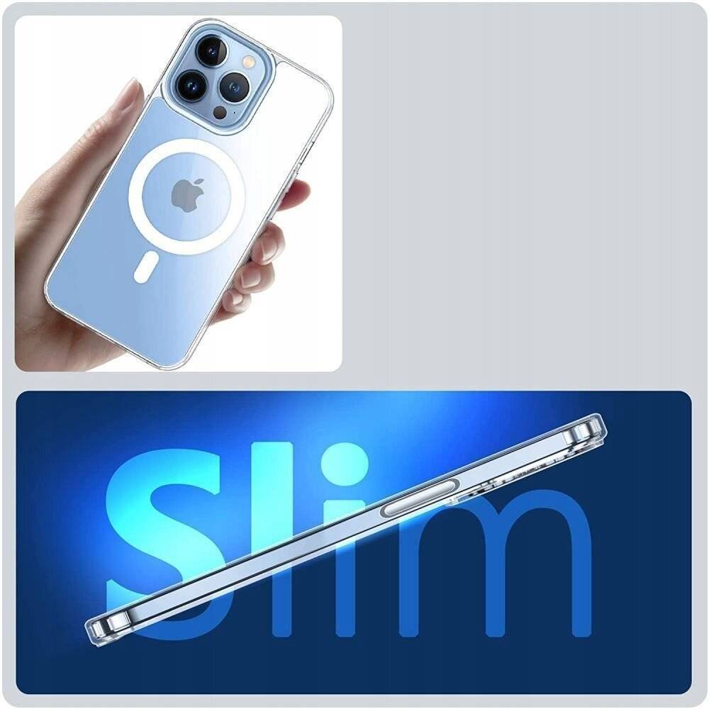 Transparente Handyhülle mit kreisförmigem Design auf einem blauen iPhone; schlankes Design hervorgehoben mit dem Text „Slim