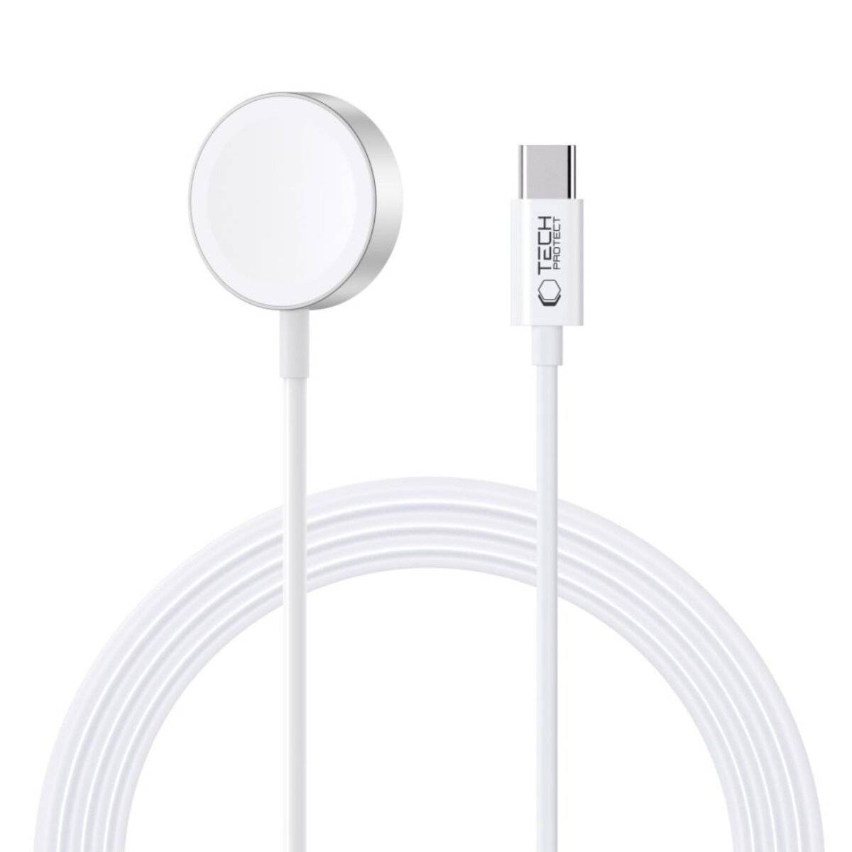 Ein weißer magnetischer Ladegerät mit einem USB-C-Anschluss, beschriftet mit 'Tech Tech'.