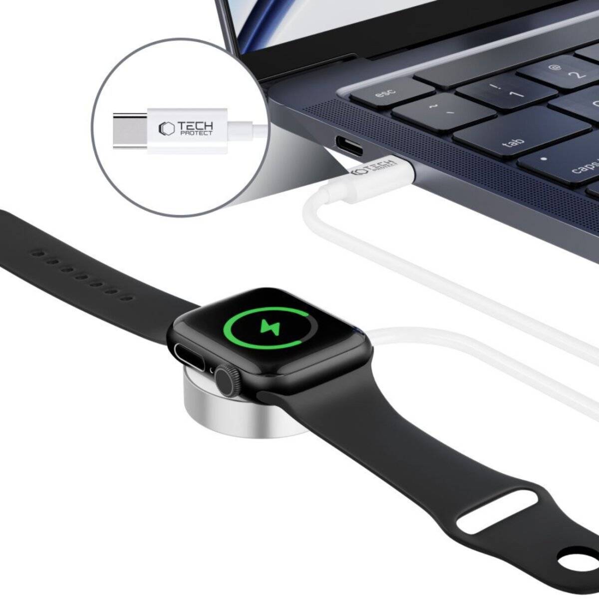 Smartwatch auf einem Ladegerät neben einem Laptop, mit einem Kabel verbunden. Der Bildschirm der Smartwatch zeigt einen Ladeindikator.