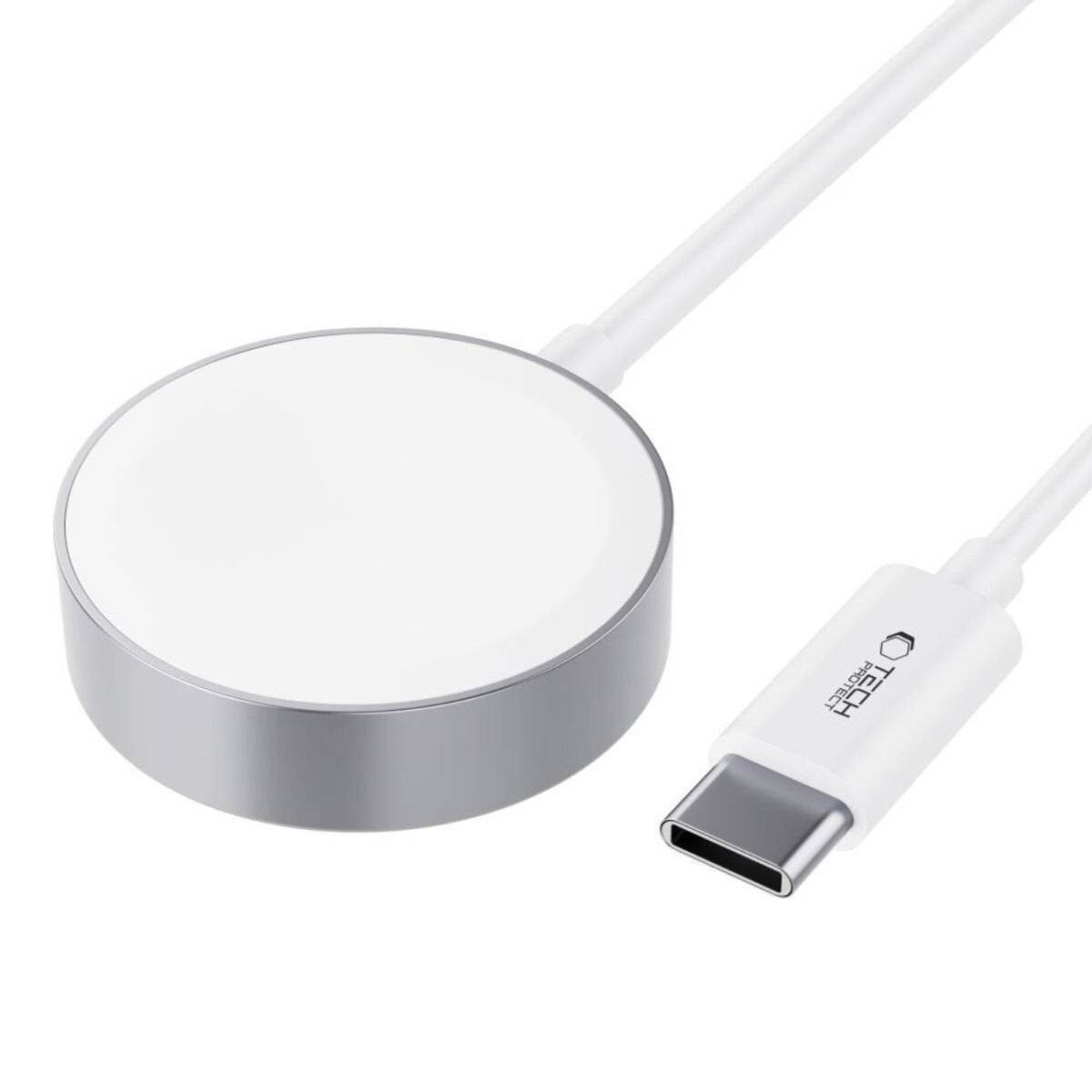 Ein weißer, kreisförmiger magnetischer drahtloser Ladegerät mit einem USB-C-Anschluss, der über ein Kabel angeschlossen ist und zum Laden kompatibler Geräte entwickelt wurde.