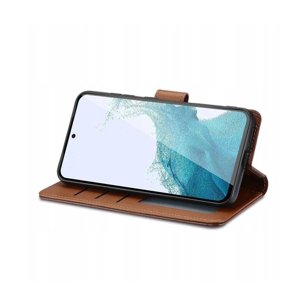 Ein Smartphone in einer braunen Lederhülle ist in einer Landschaftsansicht-Ständer positioniert und zeigt eine blaue abstrakte Tapete auf seinem Bildschirm.