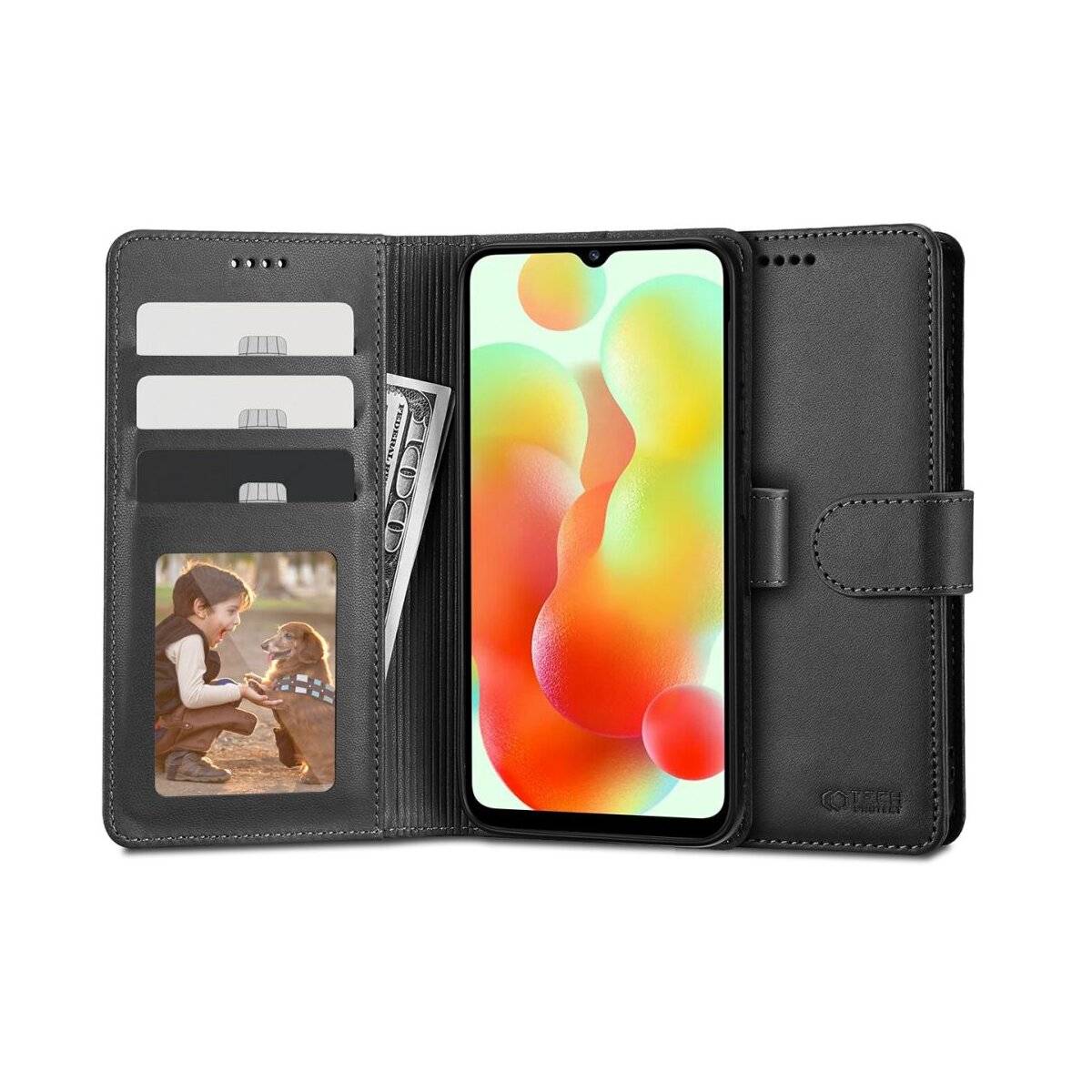 Ein schwarzes Telefonportemonnaie-Etui ist offen und zeigt ein Smartphone mit einem farbenfrohen Bildschirm. Steckplätze für vier Karten, ein Foto und Bargeld sind sichtbar.