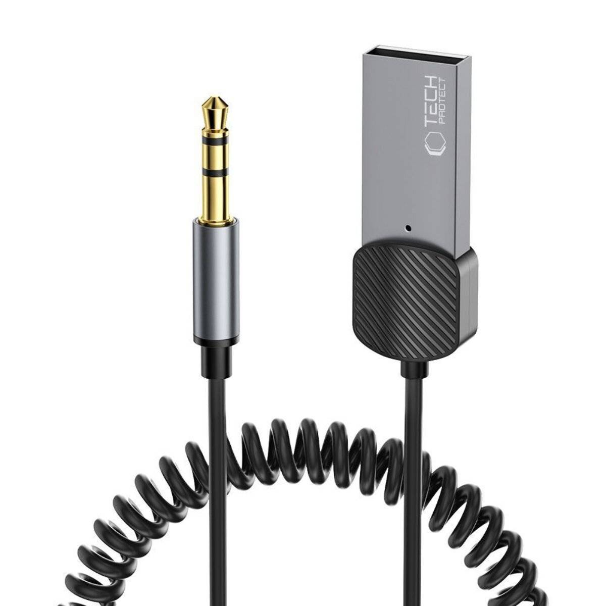 Ein schlanker schwarzer und silberner Audioadapter mit einer 3,5-mm-Buchse daneben, der zum Verbinden von Geräten zur Soundübertragung verwendet wird.
