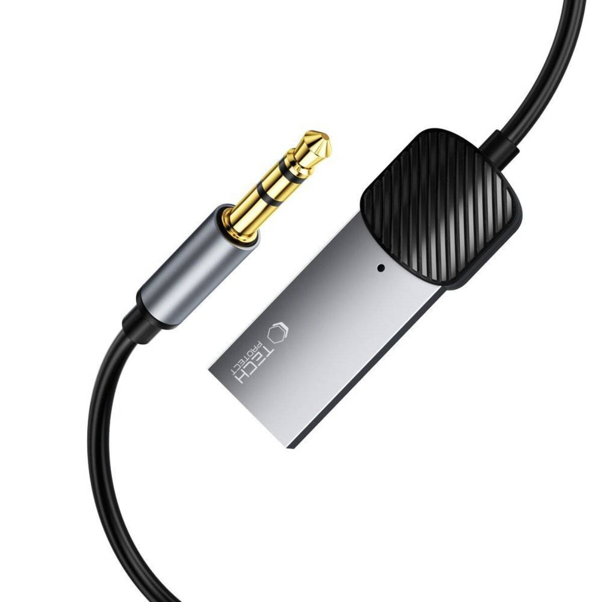 Ein elegantes Audio-Adapterkabel mit vergoldetem 3,5-mm-Anschluss und silbernem Gehäuse mit 