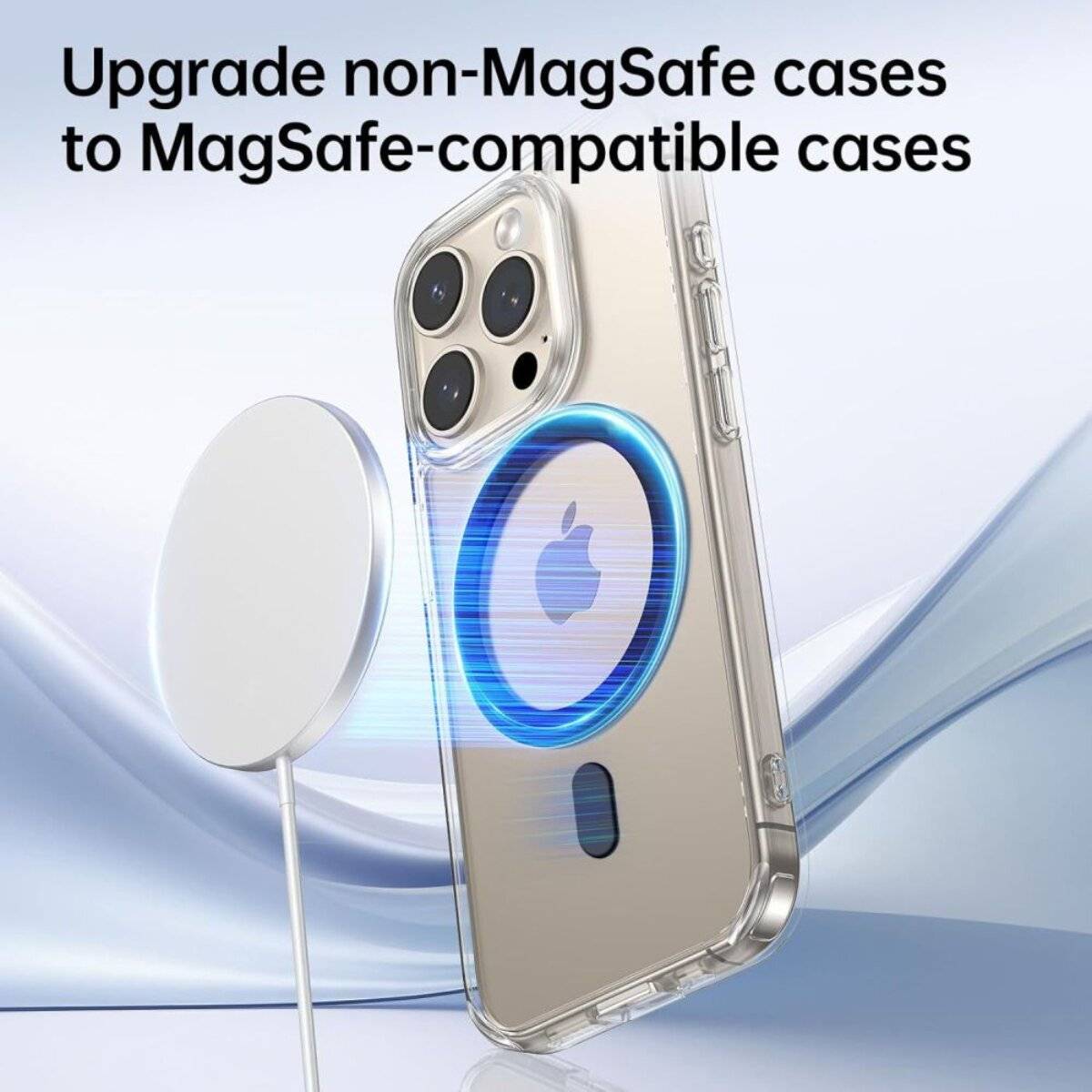 Das Bild zeigt eine nicht-MagSafe-kompatible Handyhülle, die mit einer MagSafe-kompatiblen Rückseite neben einem magnetischen Ladegerät aufgerüstet wird, mit dem Text „Upgrade nicht-MagSafe-Hüllen zu MagSafe-kompatiblen Hüllen