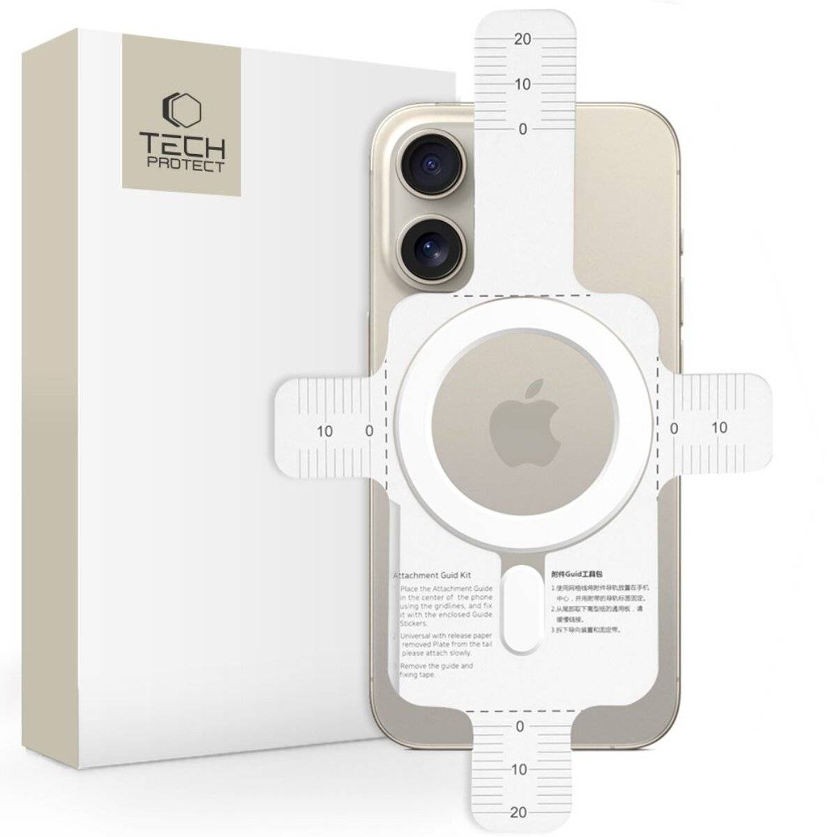 Ein Smartphone mit einer Doppelkamera auf der Rückseite ist mit einem weißen Ausrichtungswerkzeug gepaart und in der Nähe einer Verpackungsbox mit der Bezeichnung 