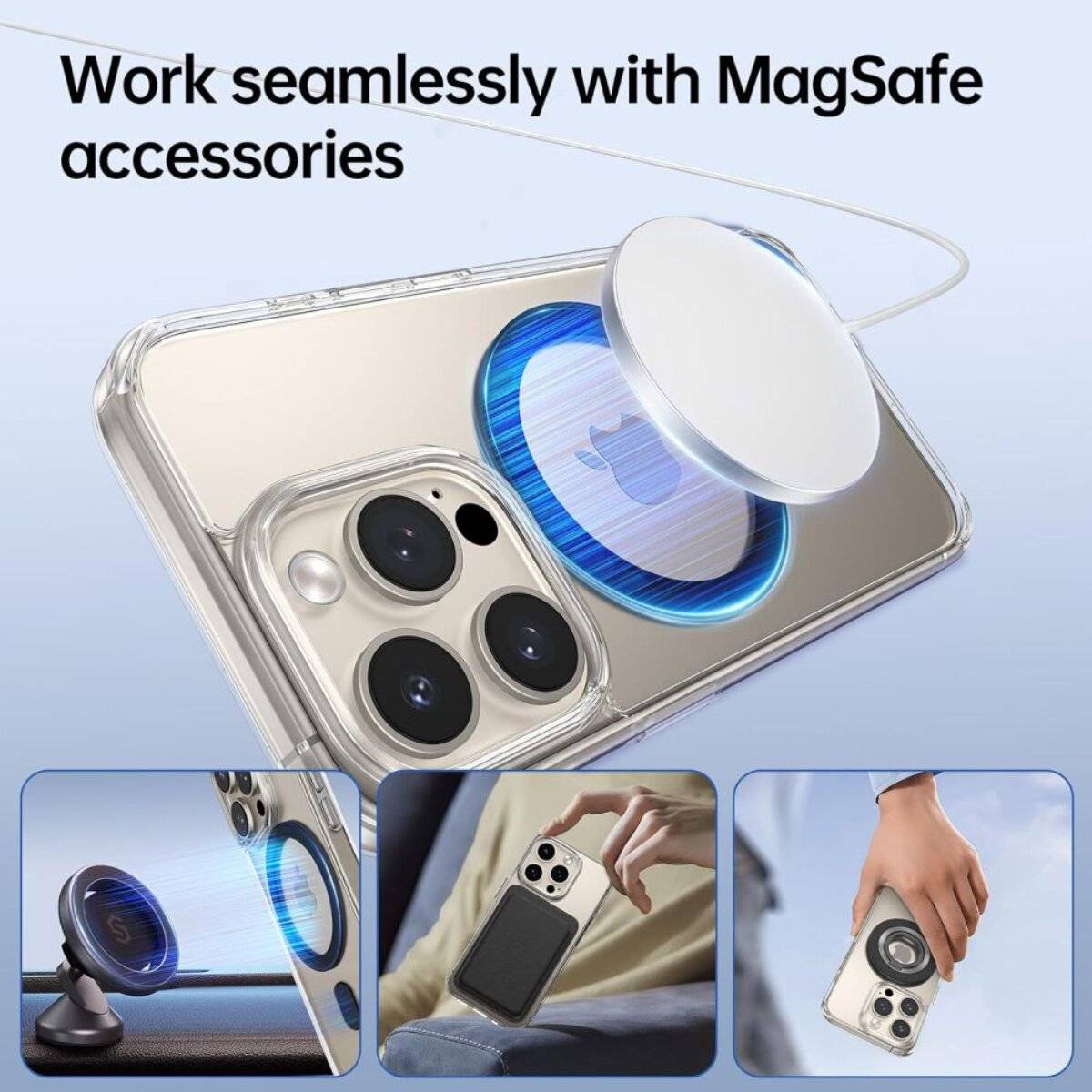 Ein Telefon mit einem MagSafe-kompatiblen Case, gezeigt mit einer Ladeeinheit und montiert auf einem Ständer. Der Text lautet: „Arbeiten Sie nahtlos mit MagSafe-Zubehör.