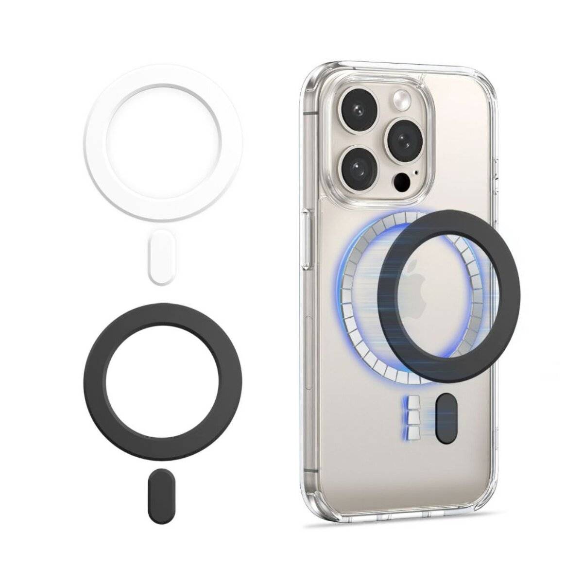 Transparente Handyhülle mit drei hinteren Kameraobjektiven, MagSafe-Ring und separatem Ständer, gezeigt in drei Farben: Weiß, Schwarz und Transparent.