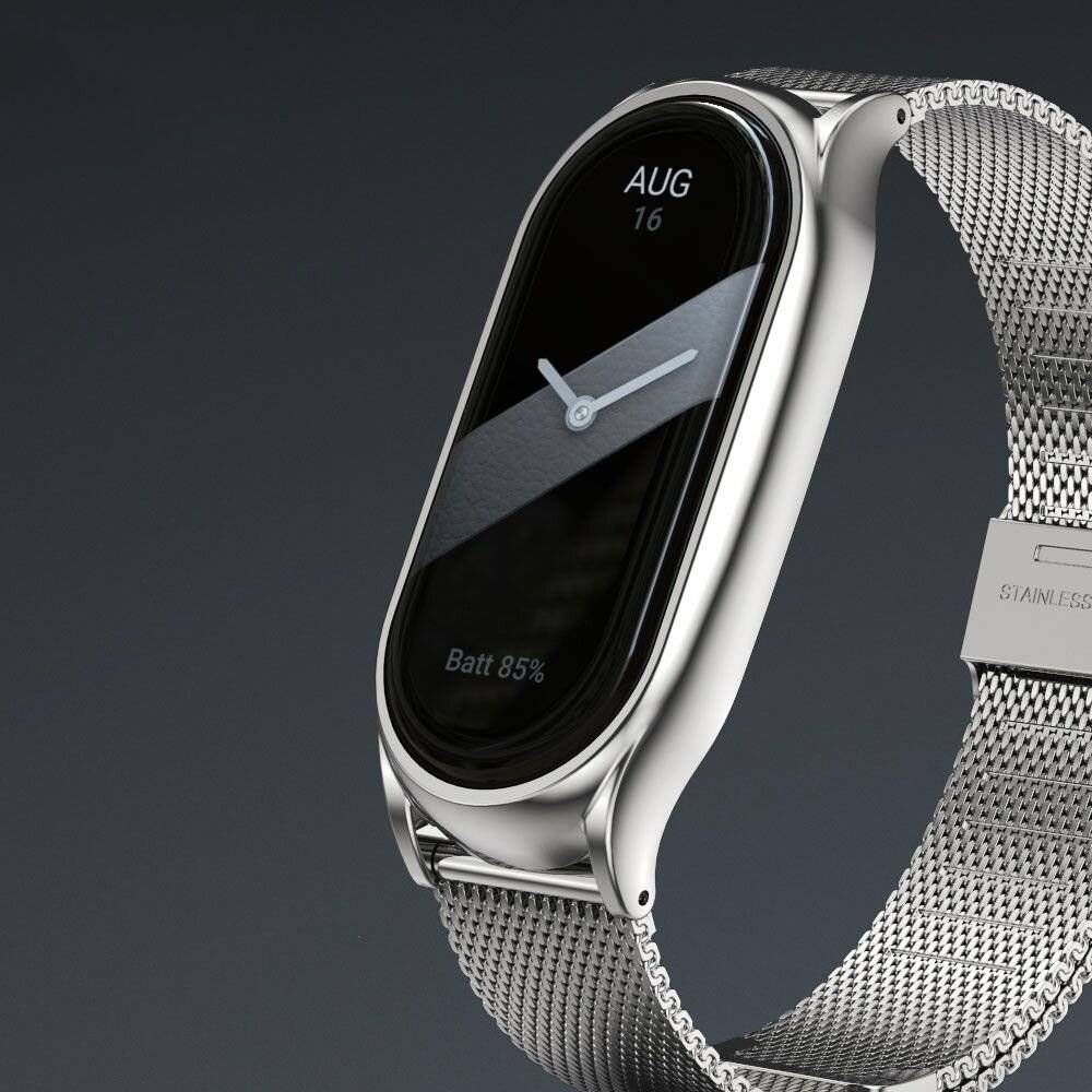 Eine schlanke, silberne intelligente Armbanduhr zeigt das Datum 