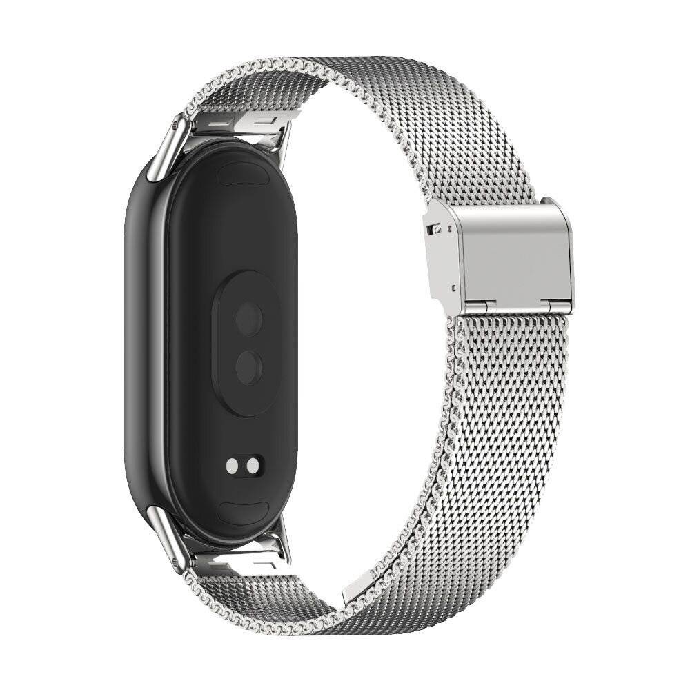 Ein schwarzes Smart Band mit metallischem Mesh-Armband, ausgestattet mit einem Zwei-Sensor-Setup und einem Verschluss-Mechanismus, aus einer Seitenansicht betrachtet.
