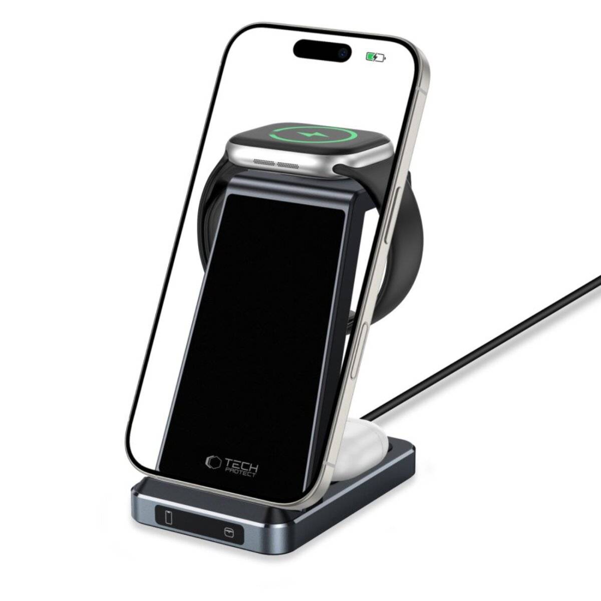 Ein Smartphone, das auf einem Ständer kabellos aufgeladen wird, mit einer Smartwatch, die davor positioniert ist und ebenfalls aufgeladen wird.