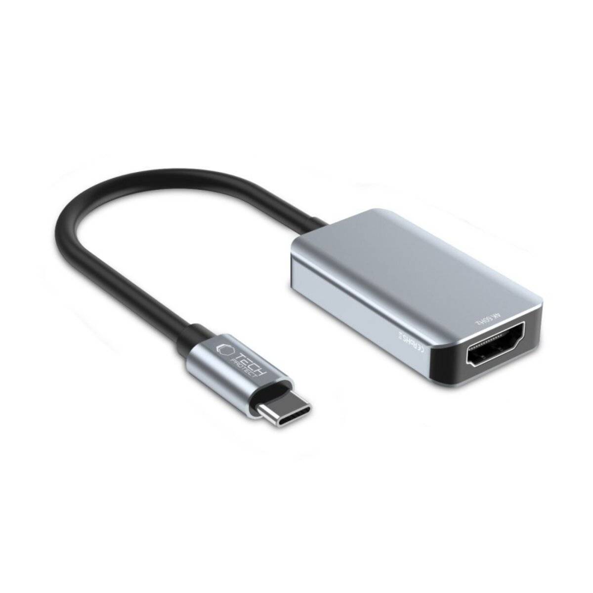 Ein USB-C zu HDMI Adapter mit einem kurzen schwarzen Kabel und metallischen Anschlüssen, entwickelt zum Verbinden von Geräten mit unterschiedlichen Anschlüssen.