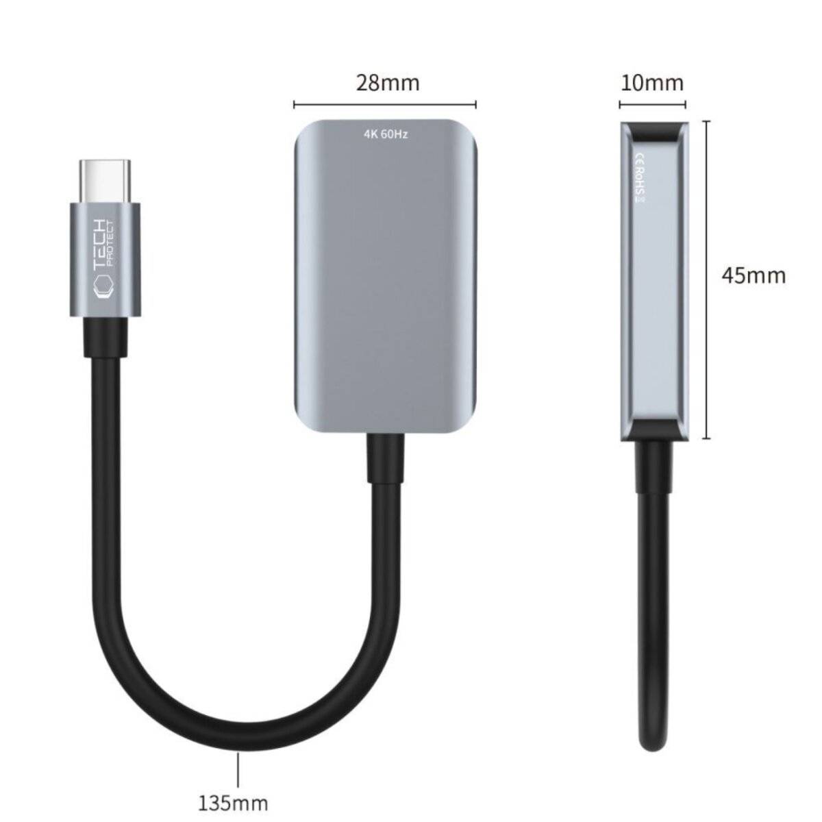 USB-C zu HDMI' Adapter mit einer Kabellänge von 135mm. Adapterabmessungen: 28mm x 10mm x 45mm. Unterstützt '4K 60Hz'.