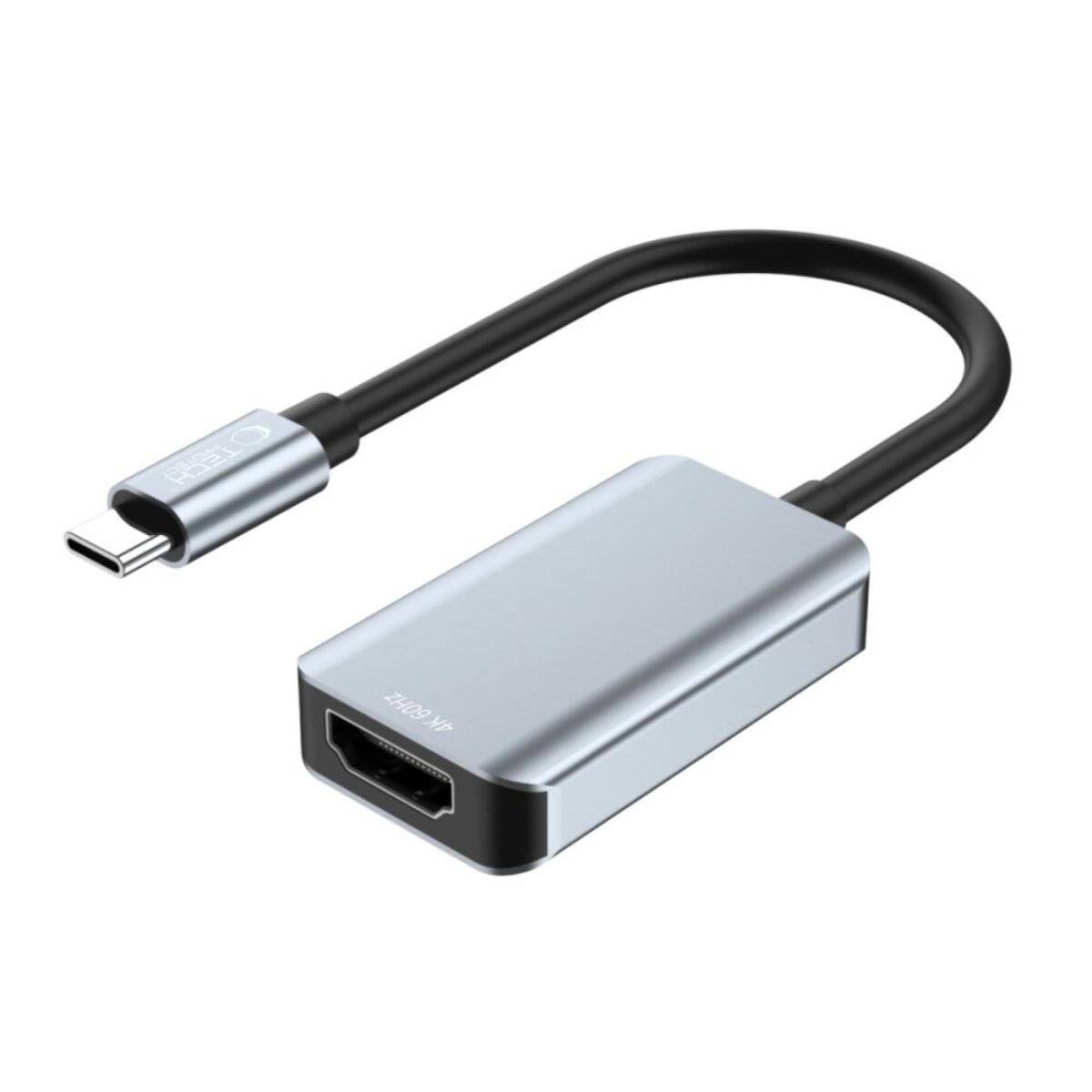 USB-C-zu-HDMI-Adapter mit einem silbernen Gehäuse und einem kurzen schwarzen Kabel. Der USB-C-Anschluss befindet sich links, und der HDMI-Anschluss rechts.