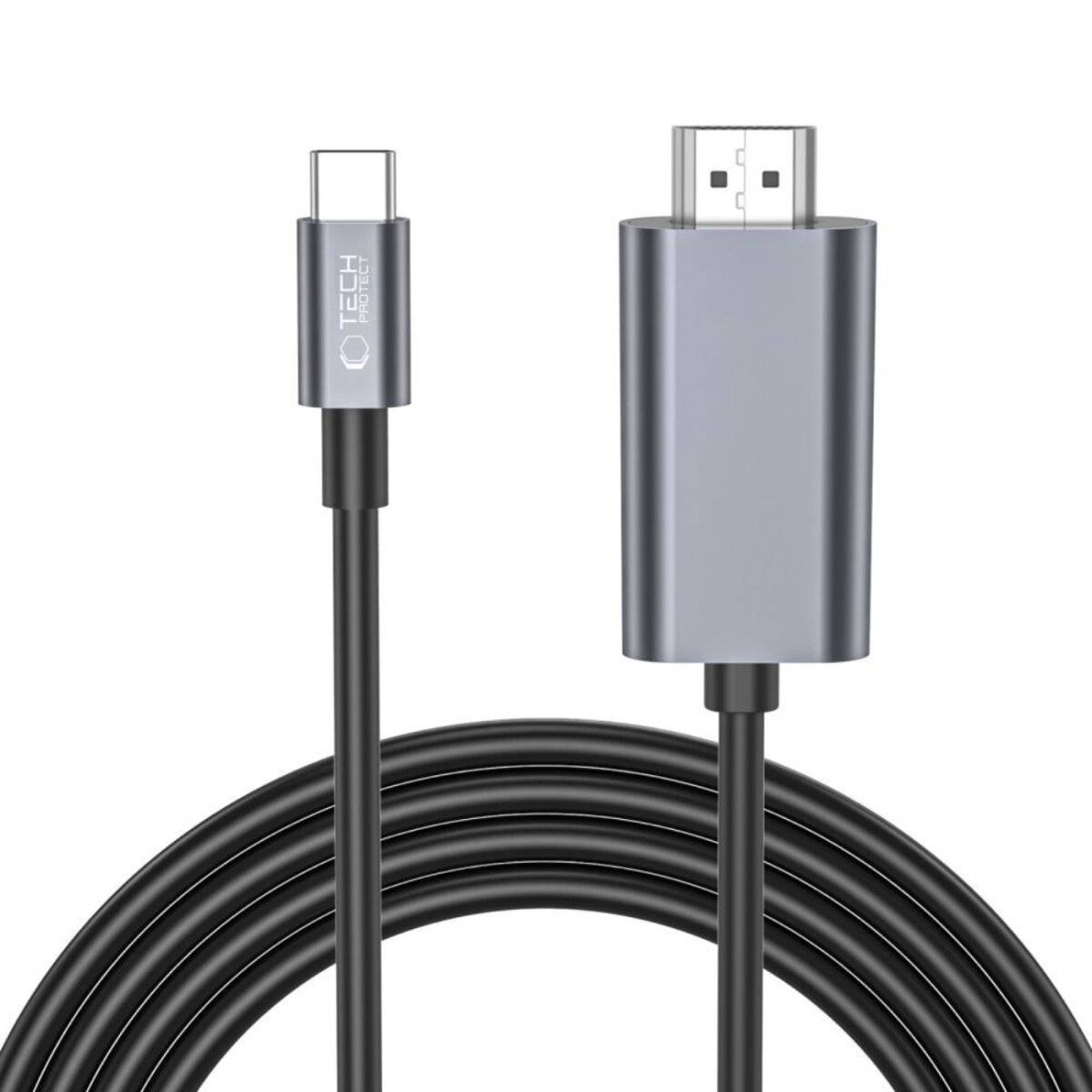Ein USB-C zu HDMI Kabel, entwickelt zum Anschluss von USB-C-Geräten an HDMI-Displays, mit einer eleganten metallischen Beschichtung an den Anschlüssen.
