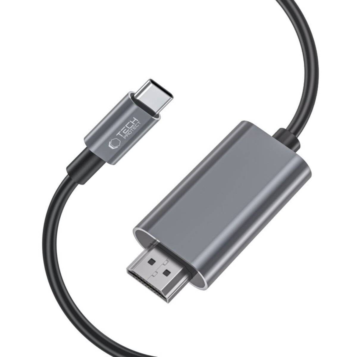 Ein USB-C zu HDMI Adapterkabel mit Metallgehäuse, konzipiert zum Anschluss von Geräten mit USB-C-Anschlüssen an Displays mit HDMI-Eingängen.