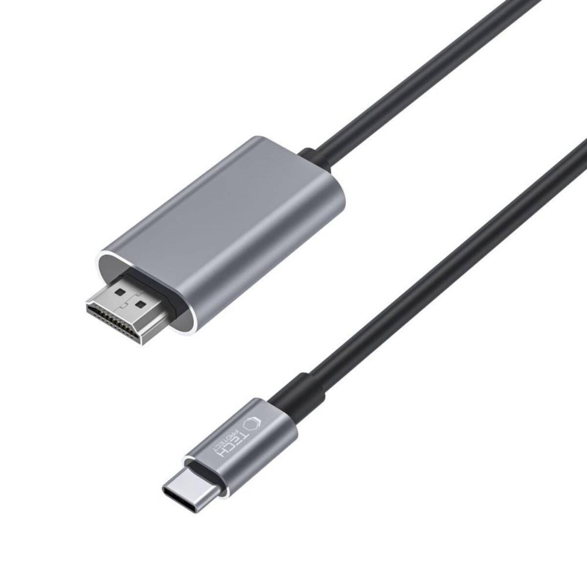 Ein USB-C zu HDMI Adapterkabel mit einem grauen Anschlussgehäuse, verwendet zum Verbinden von Geräten mit USB-C-Anschlüssen mit HDMI-Displays.