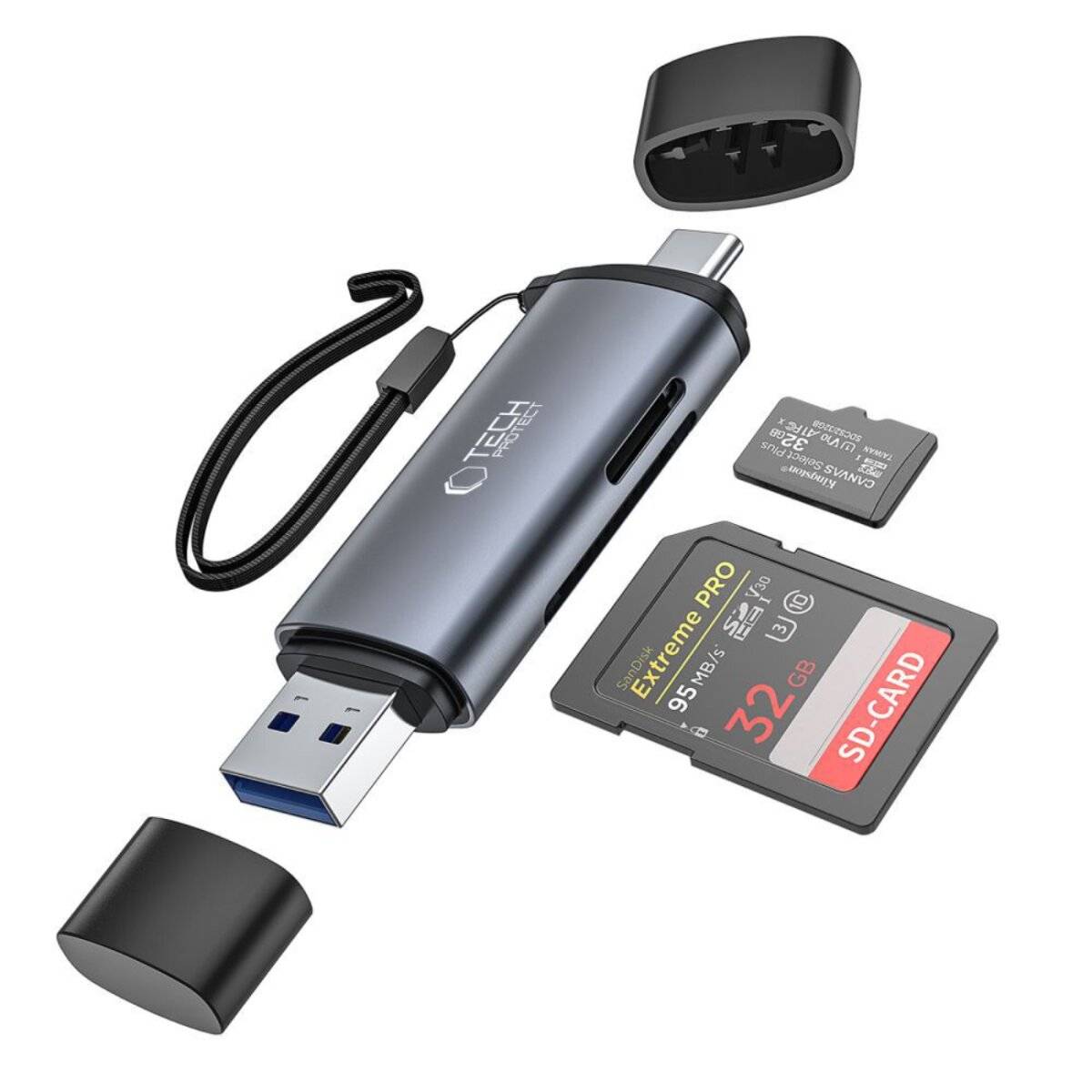 Tech-Protect UltraBoost SD-/Micro-SD-Kartenleser USB-C-/USB-A-Anschlüssen – Grau