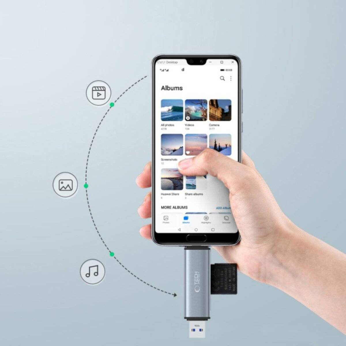 Tech-Protect UltraBoost SD-/Micro-SD-Kartenleser mit USB-C-/USB-A-Anschlüssen – Grau