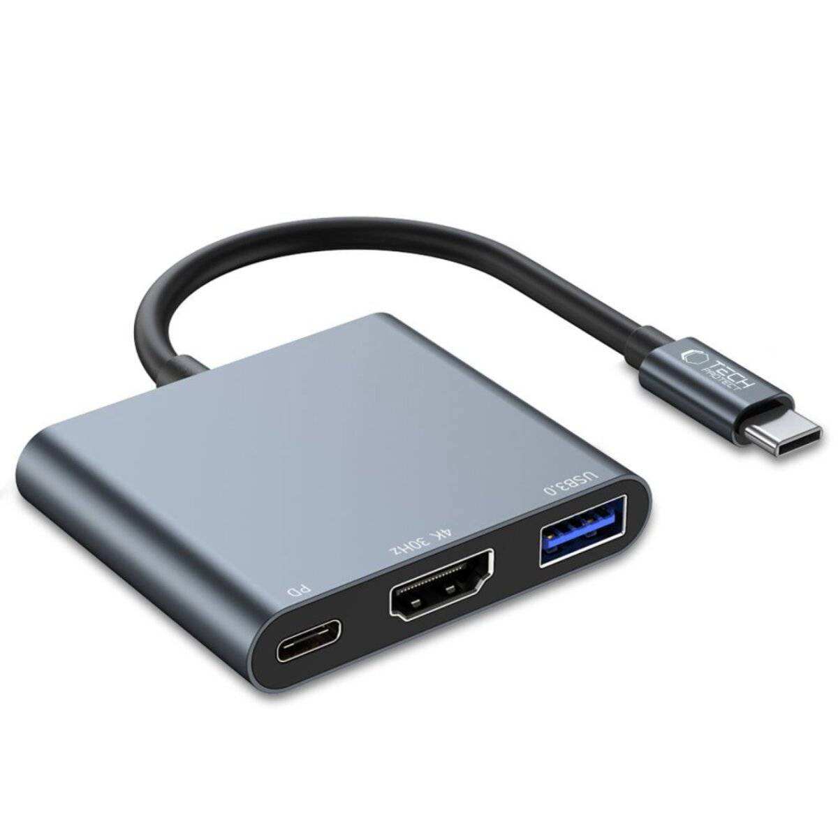 USB-C Hub mit einem USB-C-Anschluss, HDMI-Anschluss und USB-3.0-Anschluss, über ein kurzes Kabel verbunden. Kompaktes und portables Design.