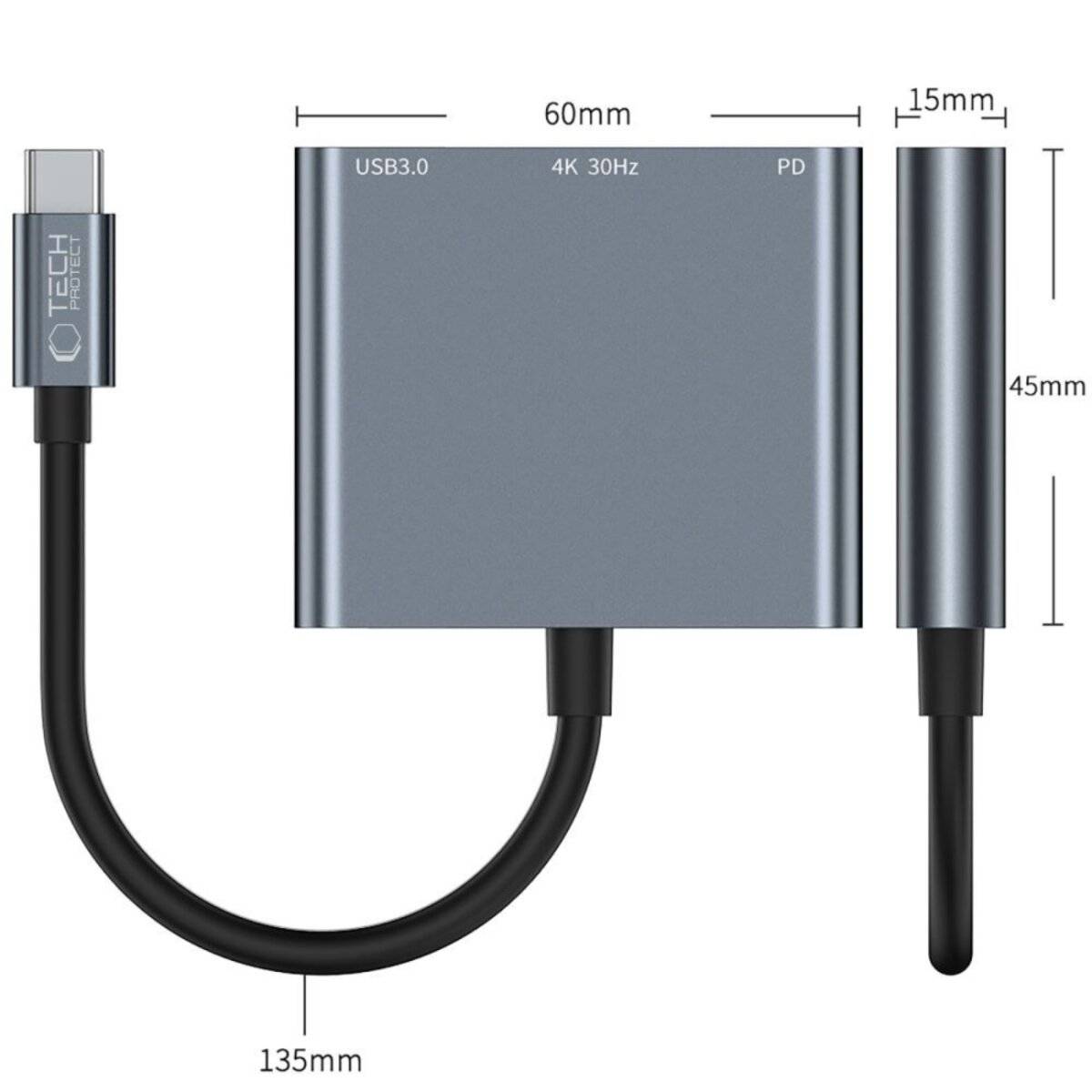 Grauer USB-C Hub mit 135 mm Kabel; Abmessungen: 60 mm breit, 45 mm hoch, 15 mm dick; ausgestattet mit USB 3.0, 4K 30Hz, PD-Anschlüssen.