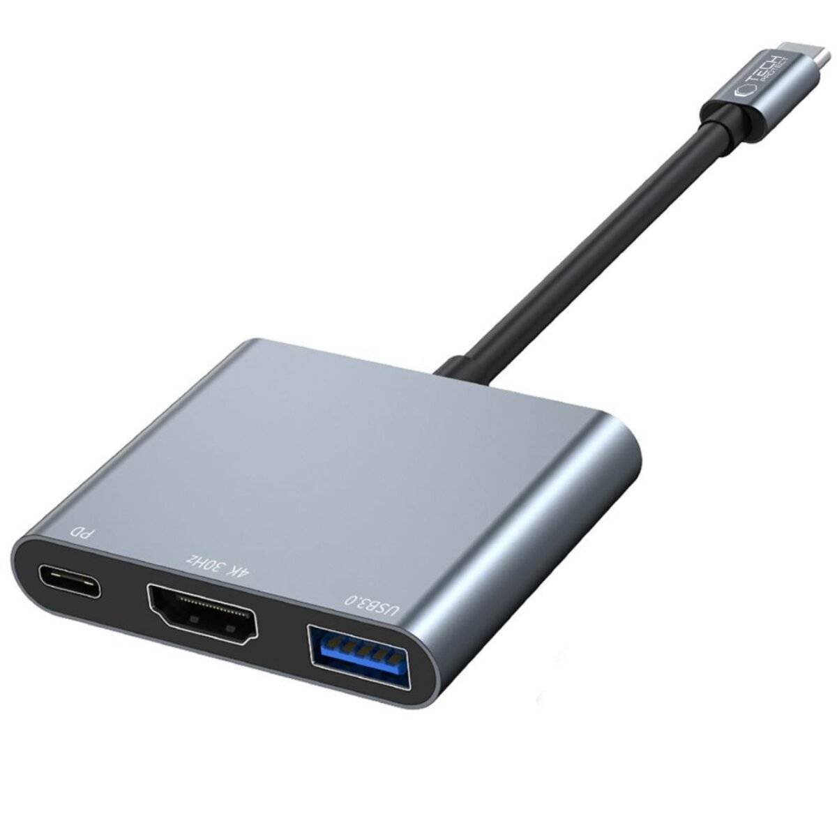 Ein Multi-Port-Adapter mit USB-C-, HDMI- und USB-3.0-Anschlüssen, der mit einem kurzen Kabel mit einem USB-C-Anschluss verbunden ist.