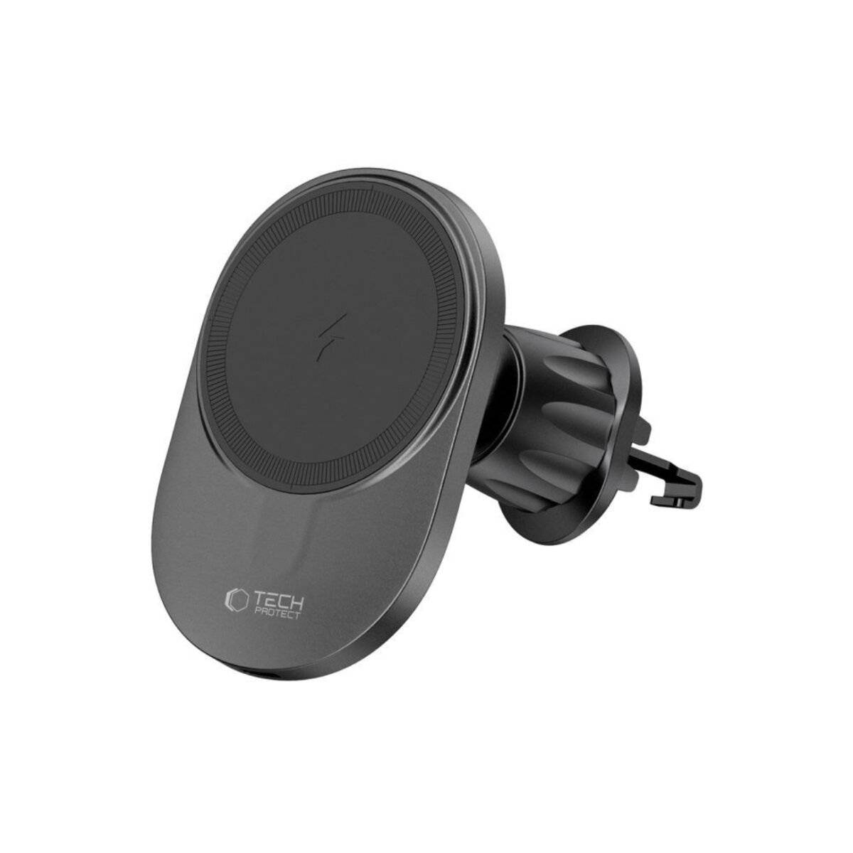 Eine schwarze Smartphone-Autohalterung mit kreisförmiger magnetischer Oberfläche, konzipiert zum Anbringen an Lüftungsgittern im Fahrzeug.