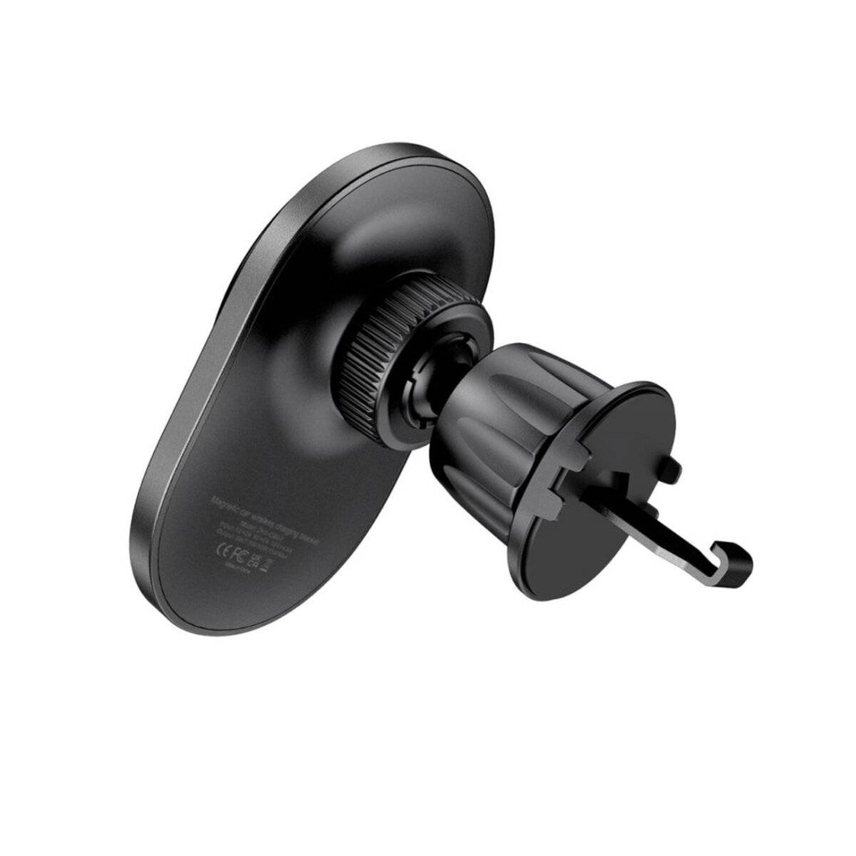 Ein schwarzer magnetischer Autotelefonhalter mit einem verstellbaren Knopf und einem Haken zur Befestigung, der zum sicheren Montieren von Geräten konstruiert ist.