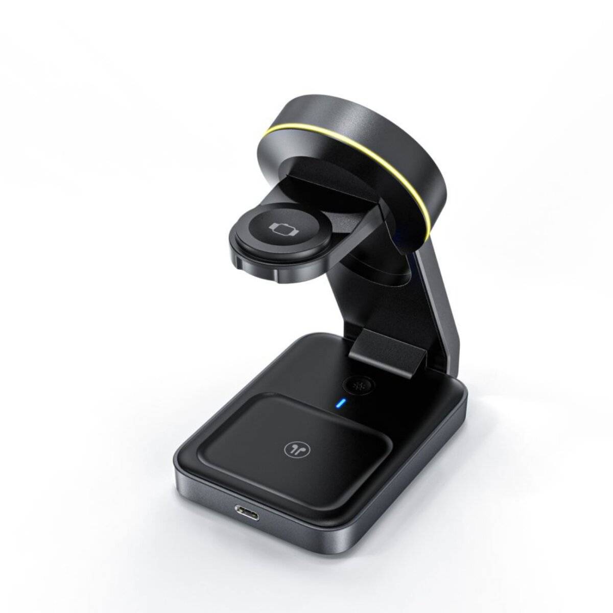 Ein schwarzes kabelloses Mehrgeräte-Ladegerät mit Telefonhalterung und magnetischem Smartwatch-Halter, mit kompaktem, modernem Design.